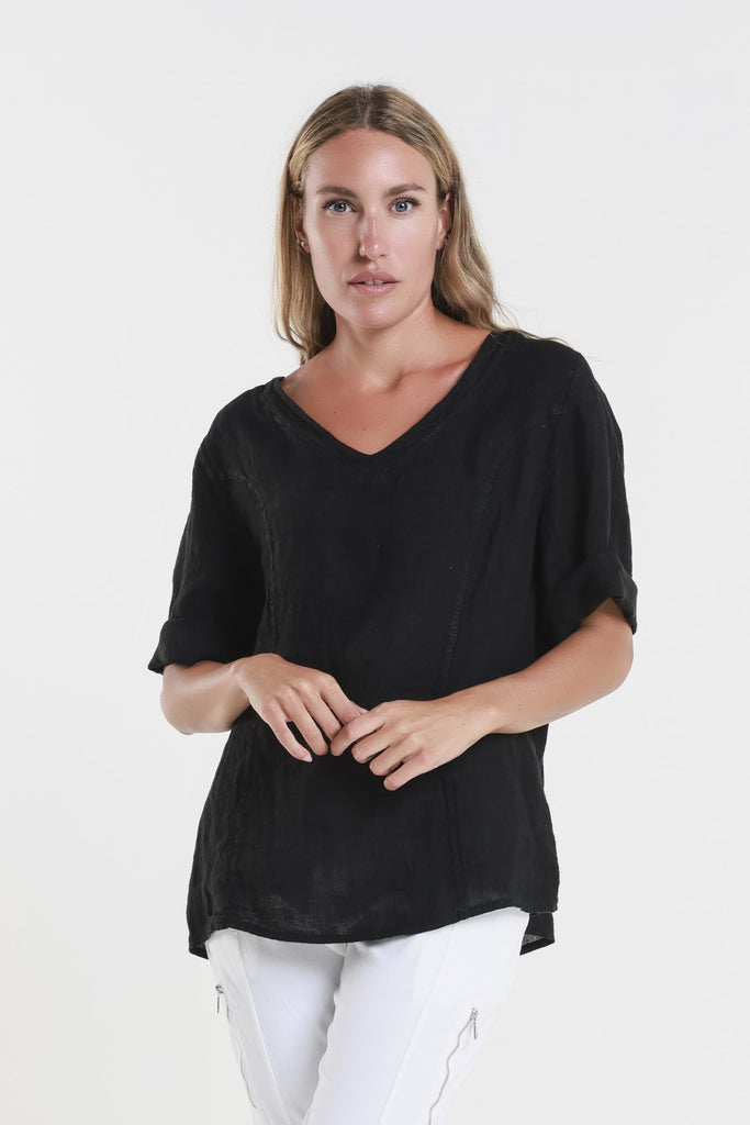 BSS198 001 Black Lula SS V-Neck Linen Side Seam Top-2