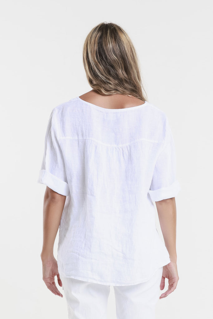 BSS198 100 White Lula SS V-Neck Linen Side Seam Top-4