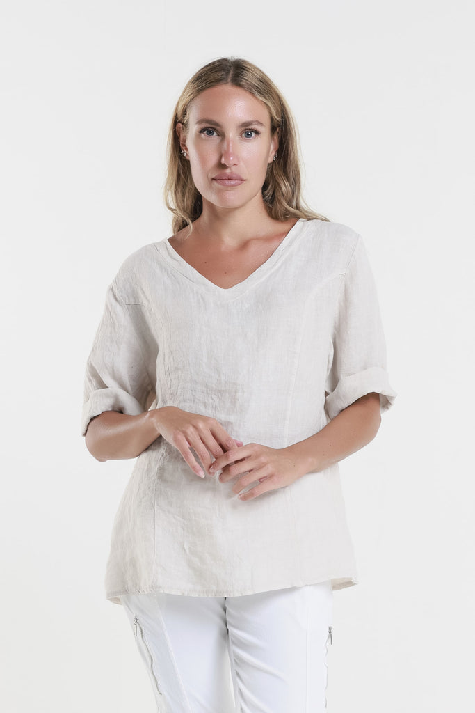 BSS198 250 Beige Lula SS V-Neck Linen Side Seam Top-1