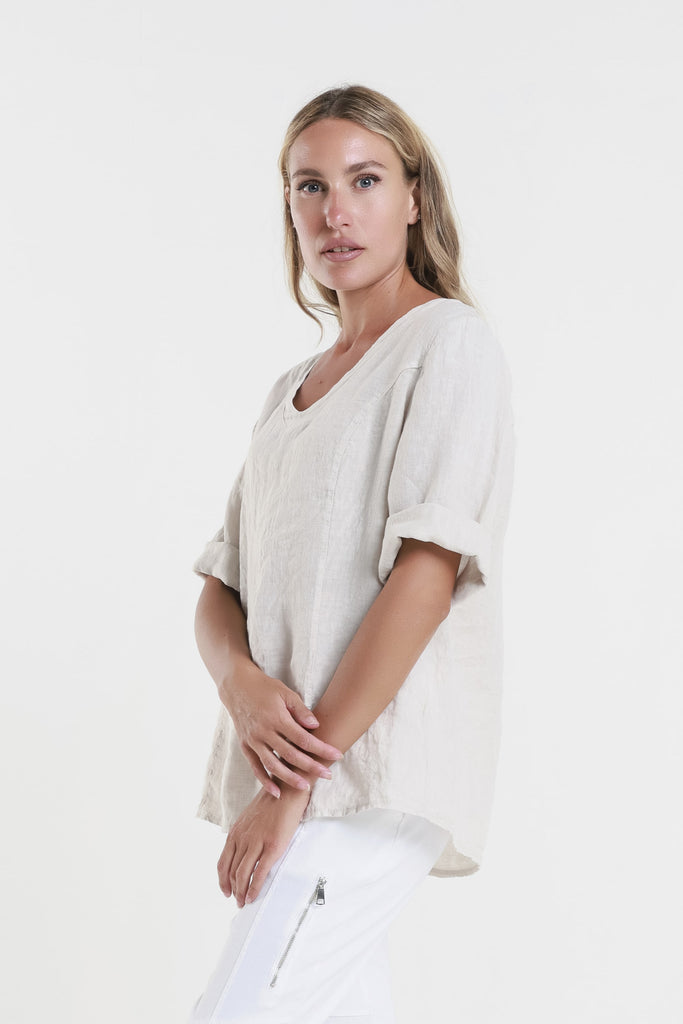 BSS198 250 Beige Lula SS V-Neck Linen Side Seam Top-3