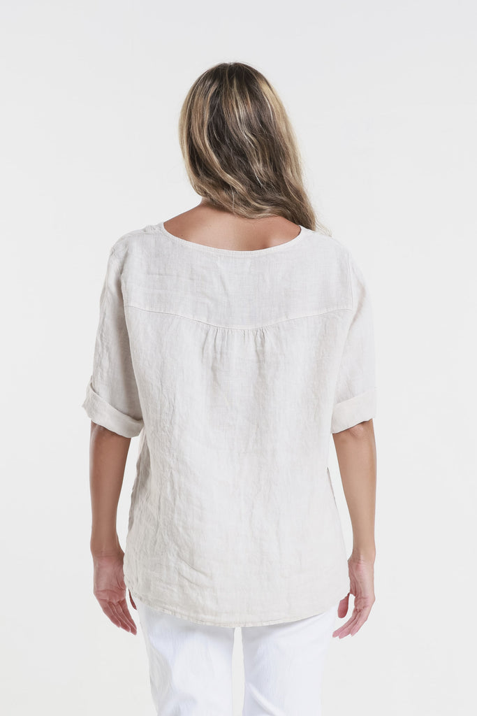 BSS198 250 Beige Lula SS V-Neck Linen Side Seam Top-4