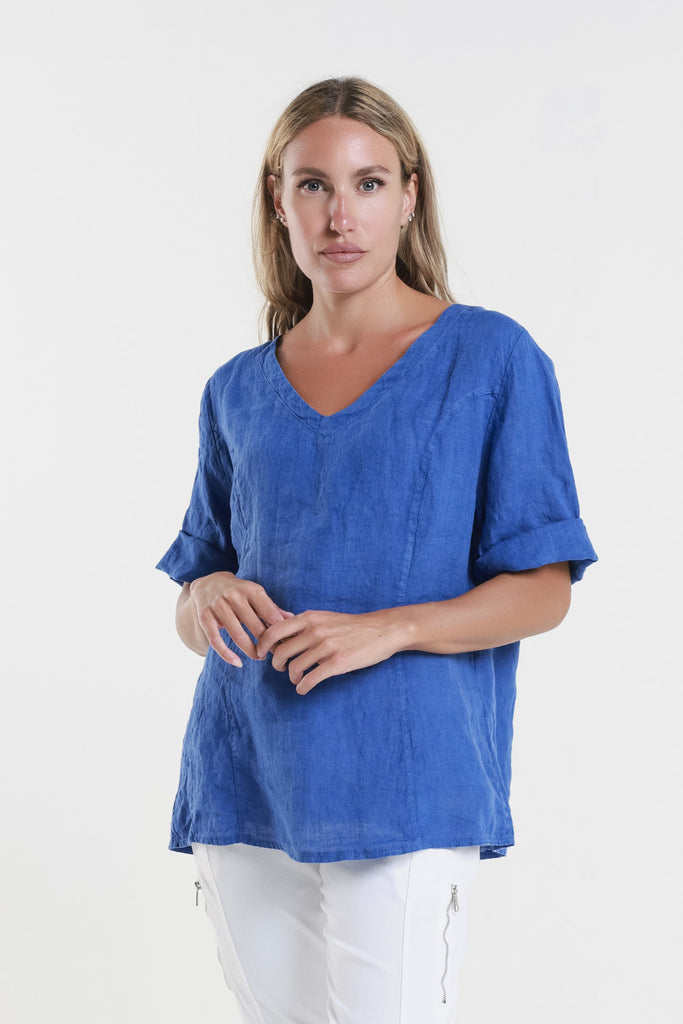 BSS198 407 Royal Blue Lula SS V-Neck Linen Side Seam Top-2