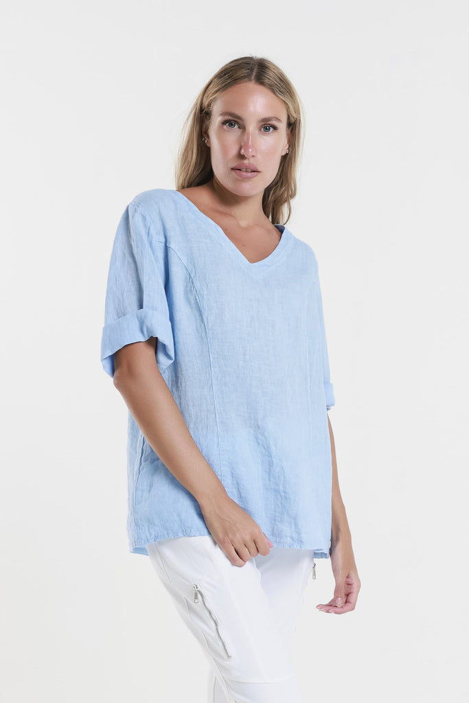 BSS198 430 Sky Blue Lula SS V-Neck Linen Side Seam Top-1