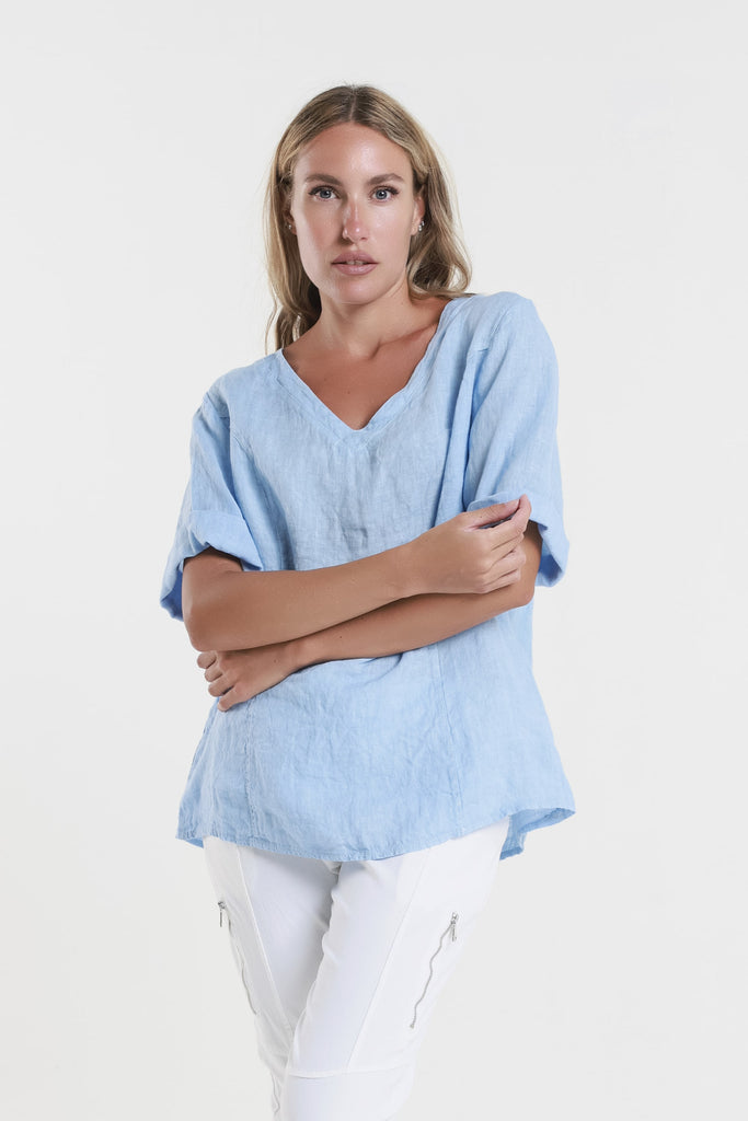 BSS198 430 Sky Blue Lula SS V-Neck Linen Side Seam Top-2