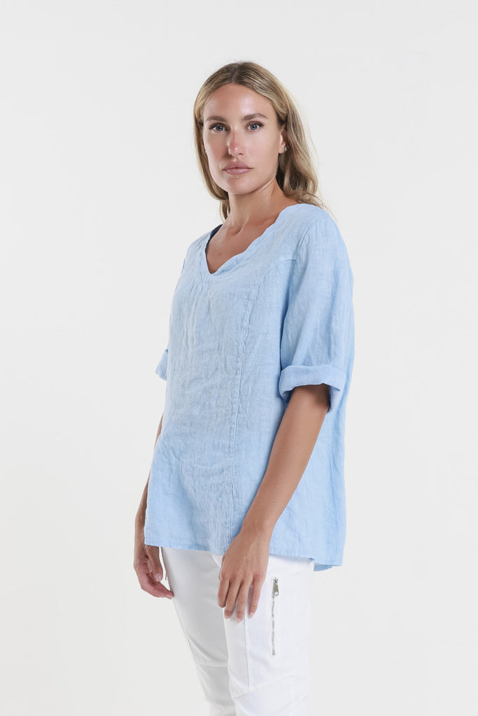 BSS198 430 Sky Blue Lula SS V-Neck Linen Side Seam Top-3