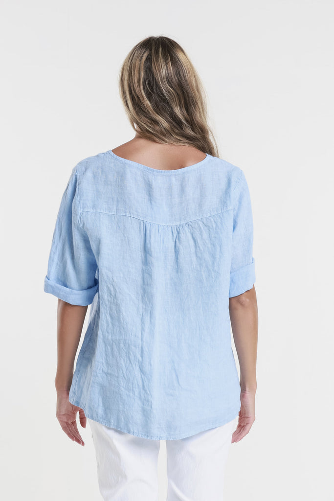 BSS198 430 Sky Blue Lula SS V-Neck Linen Side Seam Top-4