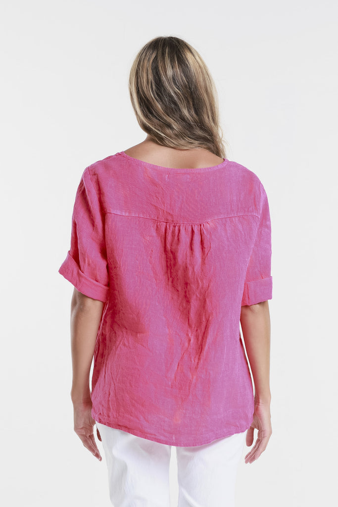BSS198 672 Fuchsia Lula SS V-Neck Linen Side Seam Top-4