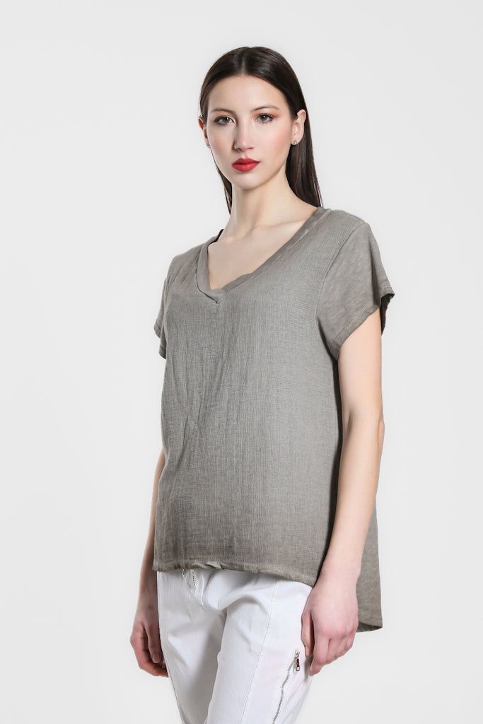 BSS207-241 Taupe Enzyme SS Cotton/Linen V-Neck Top