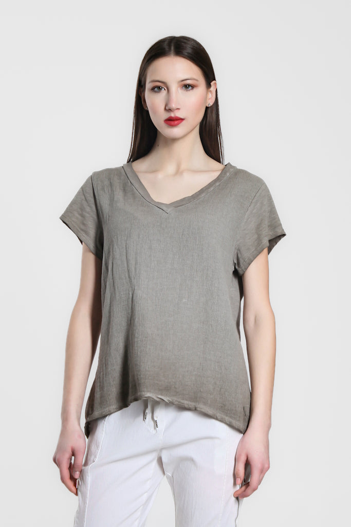 BSS207-241 Taupe Enzyme SS Cotton/Linen V-Neck Top