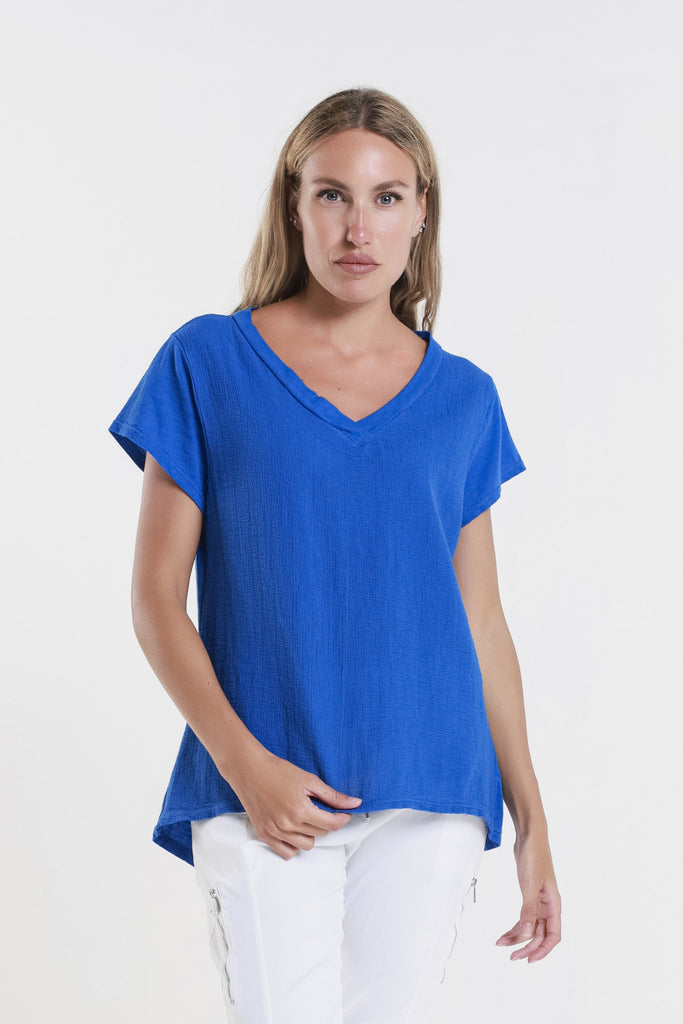 BSS207 407 Royal Blue Nola SS Cotton/Linen V-Neck Top
