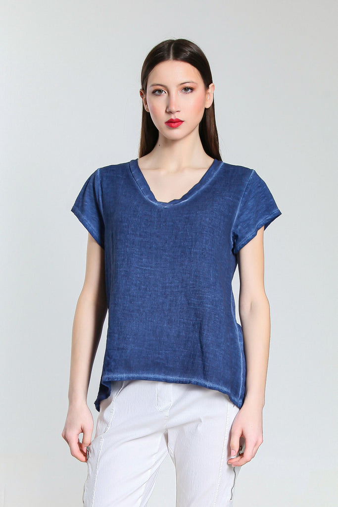 BSS207 487 Navy Enzyme Nola SS Cotton/Linen V-Neck Top