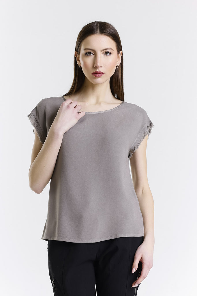 BSS219 210 Taupe Lainey SS Fring Slv Crepe Top