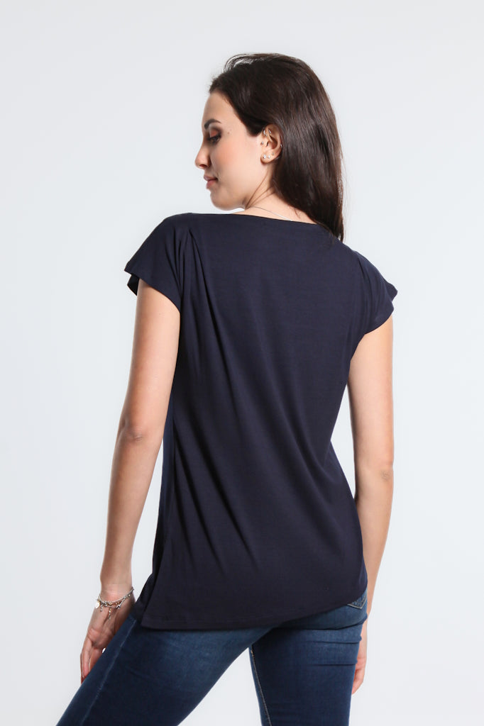 BSS22-409 Navy Kailyn Luxe SS Side Slit Assym Tee