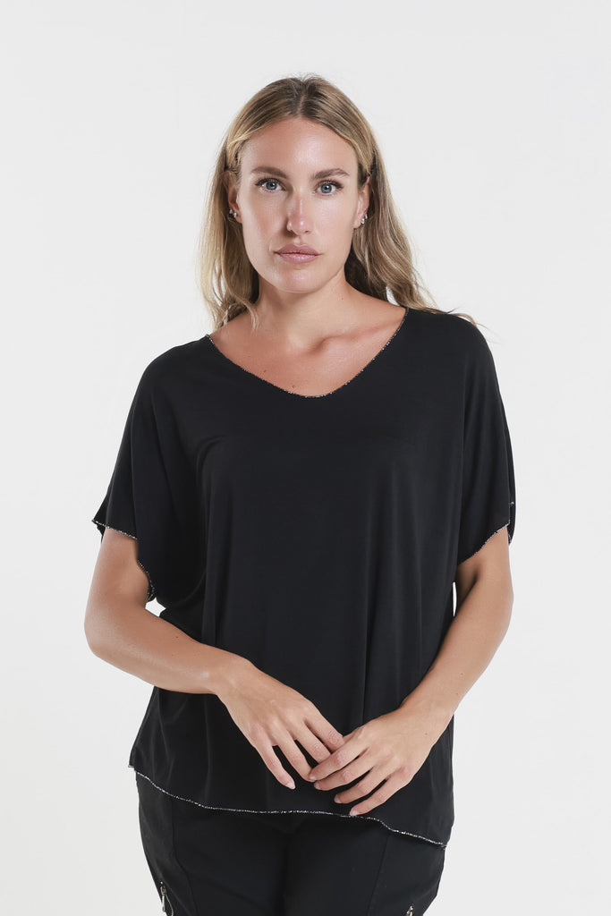 BSS224M 001 Black Metallic Accent Sheila Viscose Knit SS T-Shirt-1