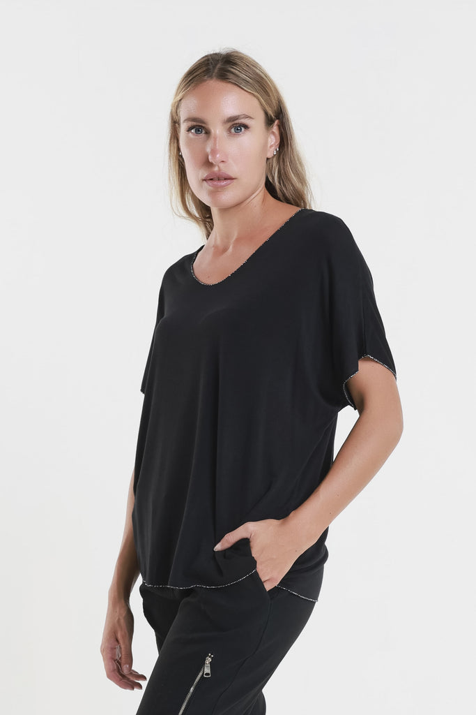 BSS224M 001 Black Metallic Accent Sheila Viscose Knit SS T-Shirt-3