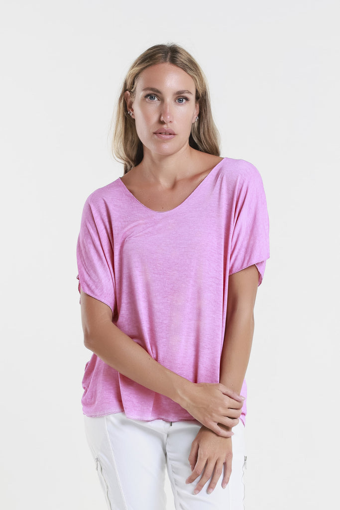 BSS224M 673 Brushed Fuchsia Metallic Accent Sheila Viscose Knit SS T-Shirt-2