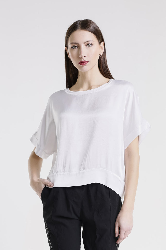 BSS231 100 White Serena SS Viscose Sheen Top w/ Band Trim