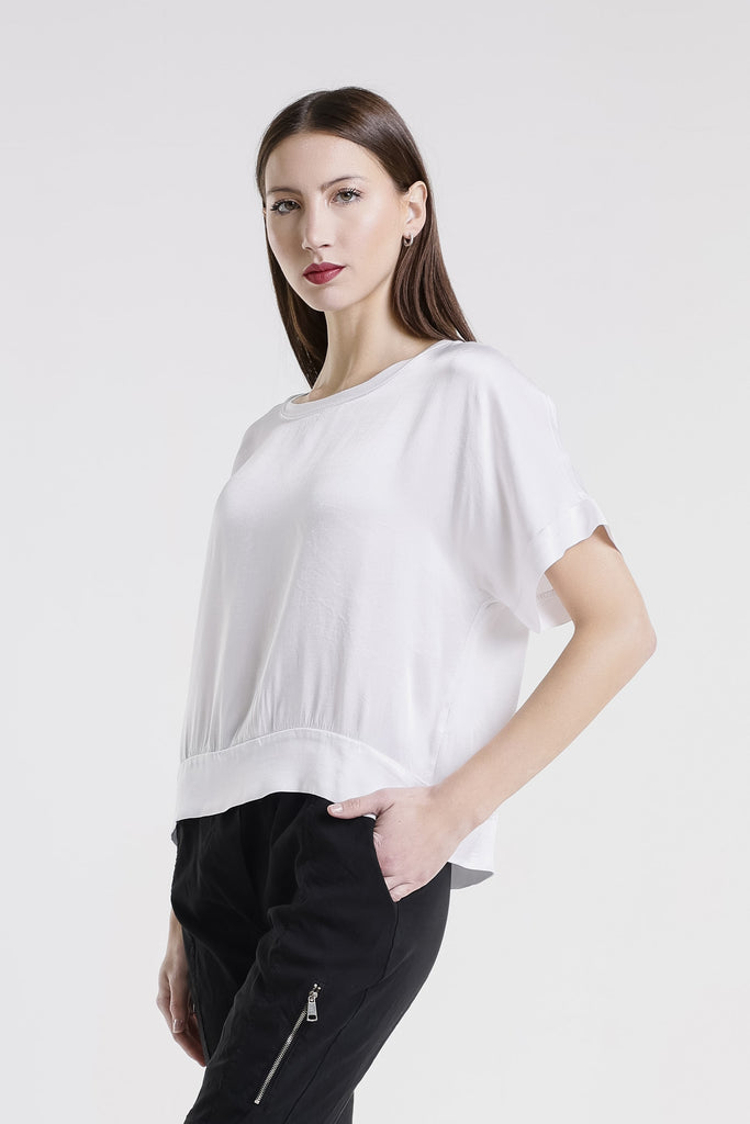 BSS231 100 White Serena SS Viscose Sheen Top w/ Band Trim