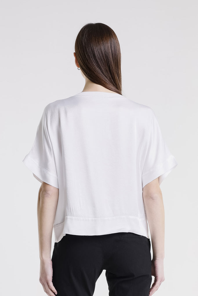 BSS231 100 White Serena SS Viscose Sheen Top w/ Band Trim