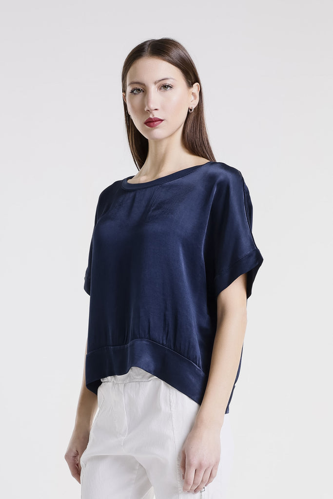 BSS231 409 Navy Serena SS Viscose Sheen Top w/ Band Trim