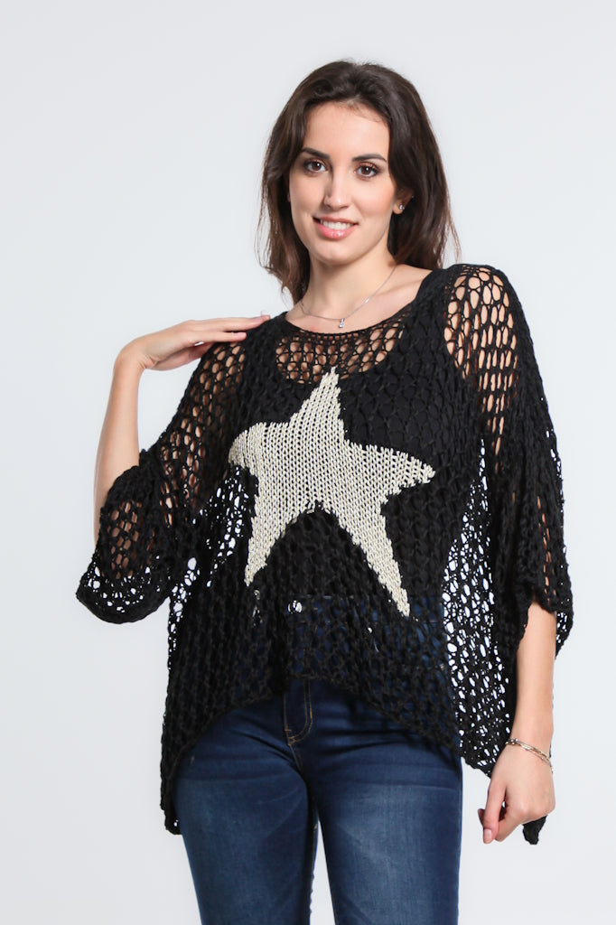 BSS302-001 Black Kelsey SS Hi/Low Open Knit Star Sweater