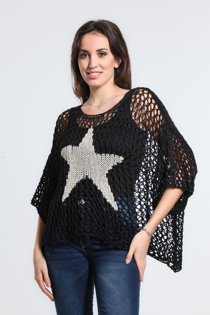 BSS302-001 Black Kelsey SS Hi/Low Open Knit Star Sweater