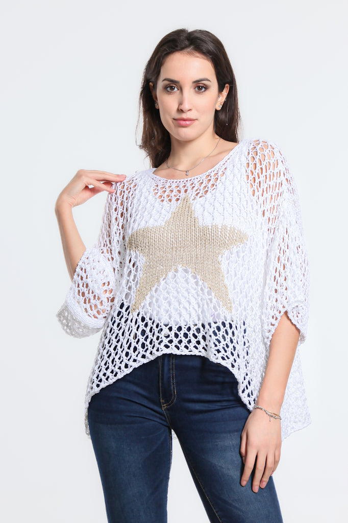 BSS302-100 White Kelsey SS Hi/Low Open Knit Star Sweater