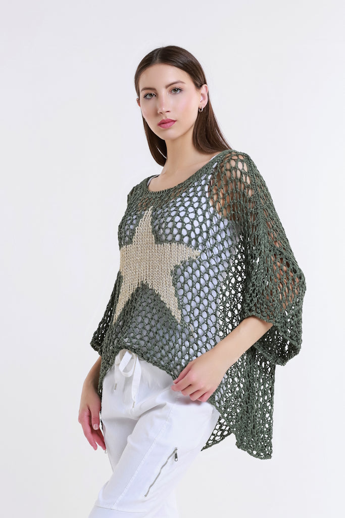 BSS302-303 Army Kelsey SS Hi/Low Open Knit Star Sweater