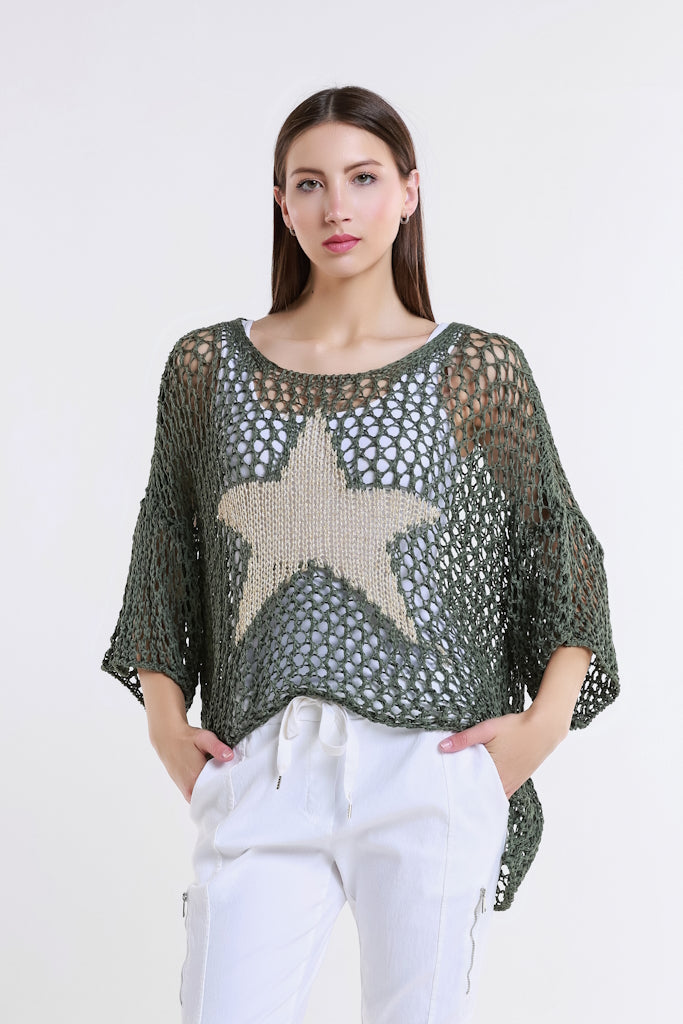 BSS302-303 Army Kelsey SS Hi/Low Open Knit Star Sweater