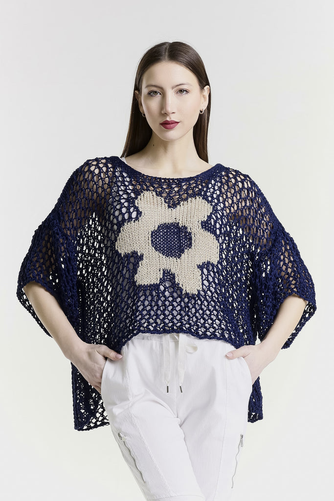 BSS302D 409 Navy Daisy Kelsey SS Hi/Low Open Knit Sweater-2