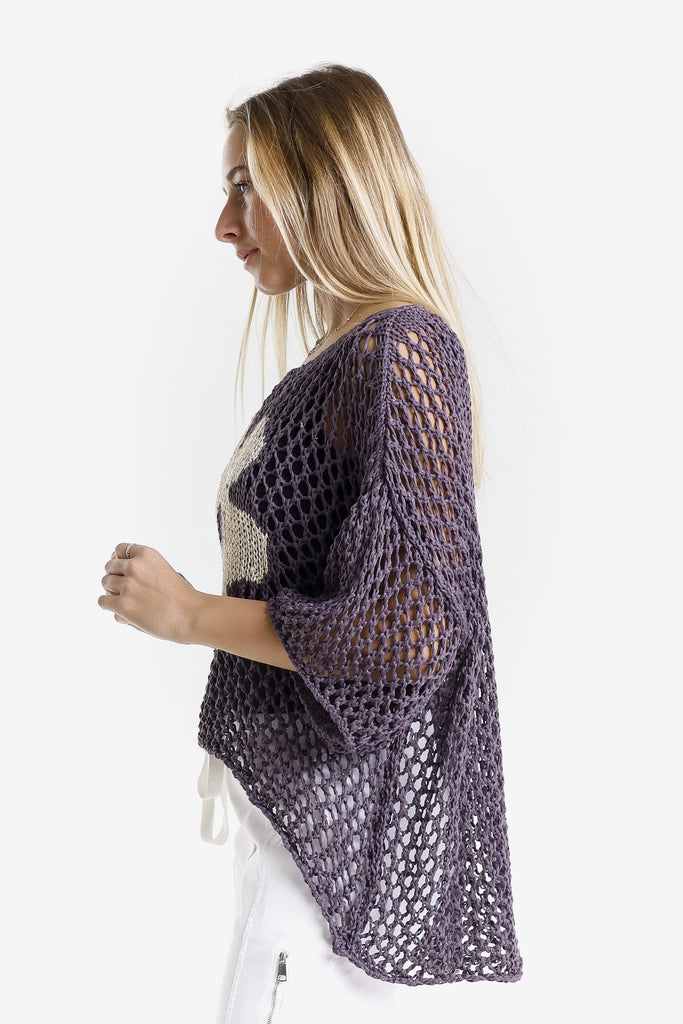 BSS302D 503 Eggplant Daisy Kelsey SS Hi/Low Open Knit Sweater-1