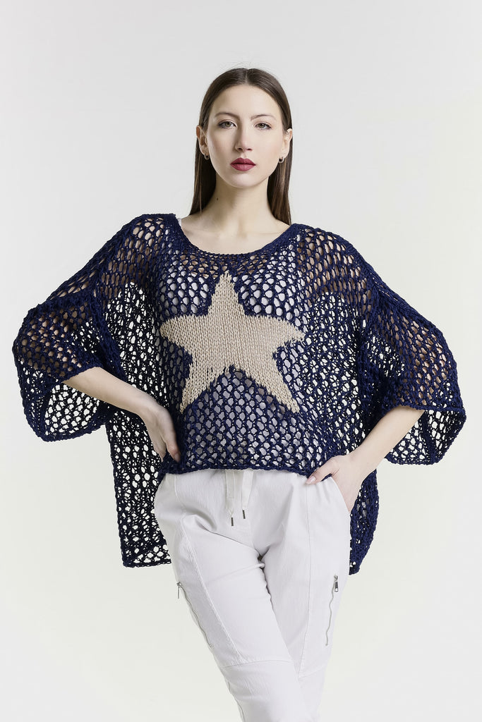 BSS302 409 Navy Kelsey SS Hi/Low Open Knit Star Sweater-3