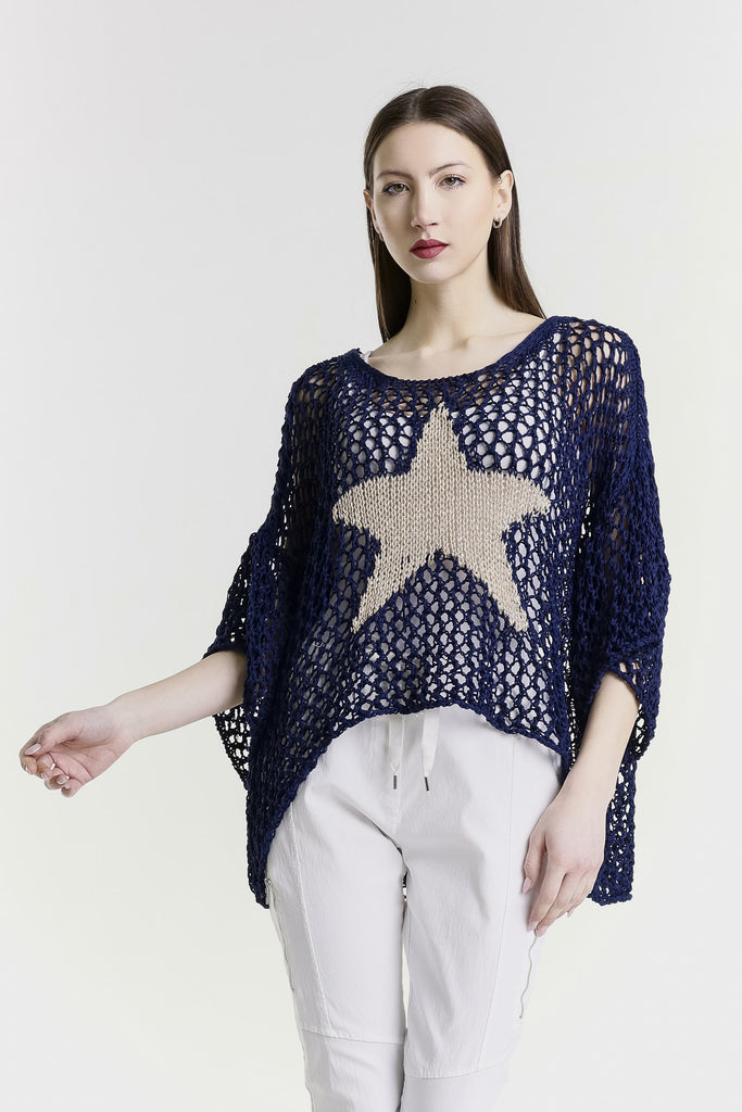 BSS302 409 Navy Kelsey SS Hi/Low Open Knit Star Sweater-1