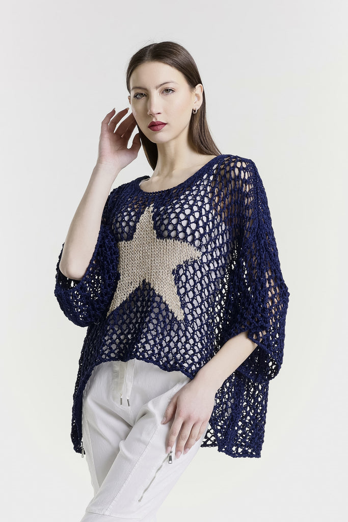 BSS302 409 Navy Kelsey SS Hi/Low Open Knit Star Sweater-2