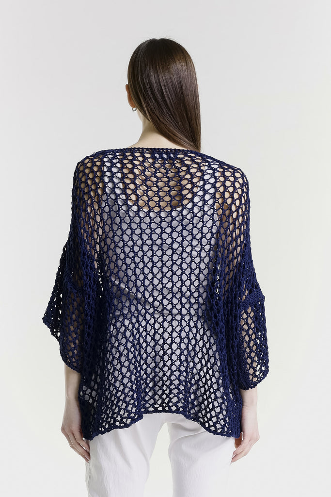 BSS302 409 Navy Kelsey SS Hi/Low Open Knit Star Sweater-4