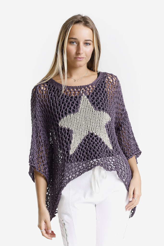 BSS302 503 Eggplant Kelsey SS Hi/Low Open Knit Star Sweater-1