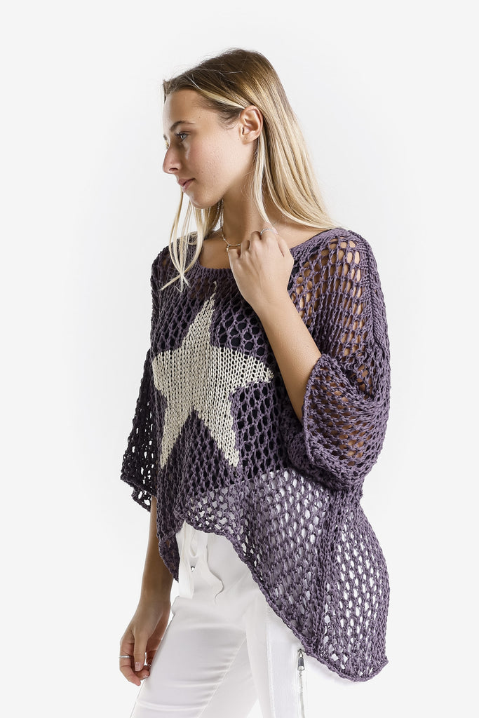 BSS302 503 Eggplant Kelsey SS Hi/Low Open Knit Star Sweater-3