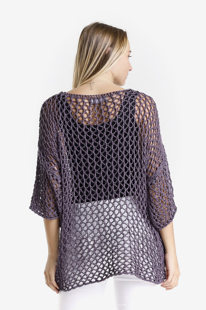 BSS302 503 Eggplant Kelsey SS Hi/Low Open Knit Star Sweater-4