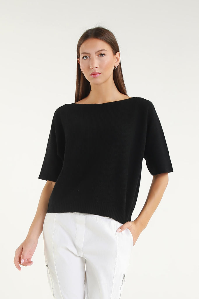 BSS303 001 Black Caterina SS Merino/Cotton/Cashmere Blend Ribbed Sweater