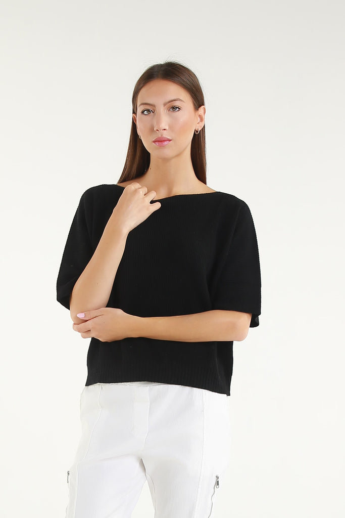 BSS303 001 Black Caterina SS Merino/Cotton/Cashmere Blend Ribbed Sweater