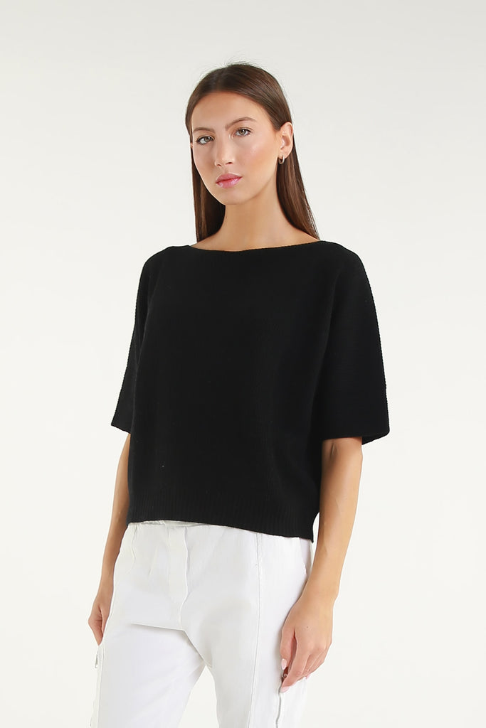 BSS303 001 Black Caterina SS Merino/Cotton/Cashmere Blend Ribbed Sweater