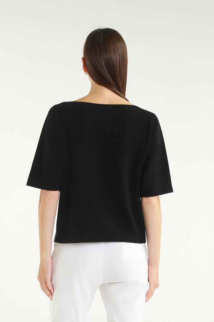BSS303 001 Black Caterina SS Merino/Cotton/Cashmere Blend Ribbed Sweater