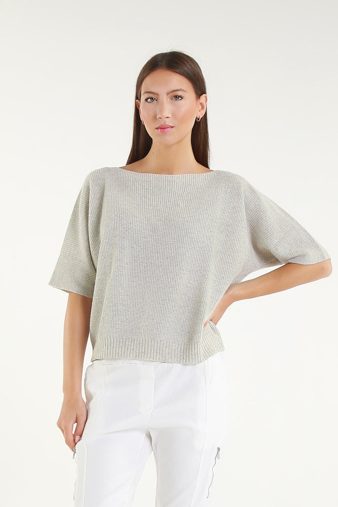 BSS303 020 Gray Caterina SS Merino/Cotton/Cashmere Blend Ribbed Sweater