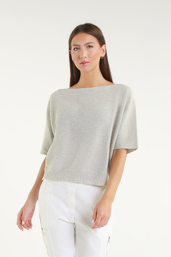 BSS303 020 Gray Caterina SS Merino/Cotton/Cashmere Blend Ribbed Sweater