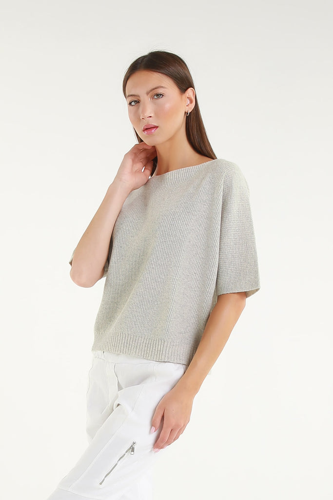 BSS303 020 Gray Caterina SS Merino/Cotton/Cashmere Blend Ribbed Sweater