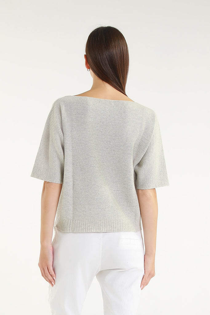 BSS303 020 Gray Caterina SS Merino/Cotton/Cashmere Blend Ribbed Sweater