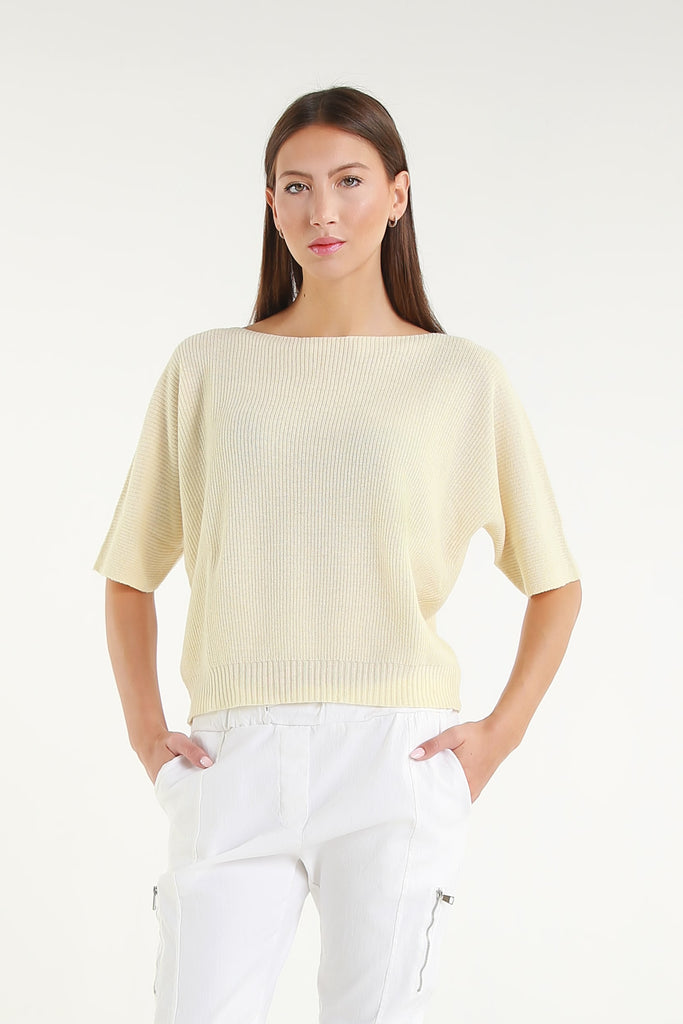 BSS303 101 Ivory Caterina SS Merino/Cotton/Cashmere Blend Ribbed Sweater 