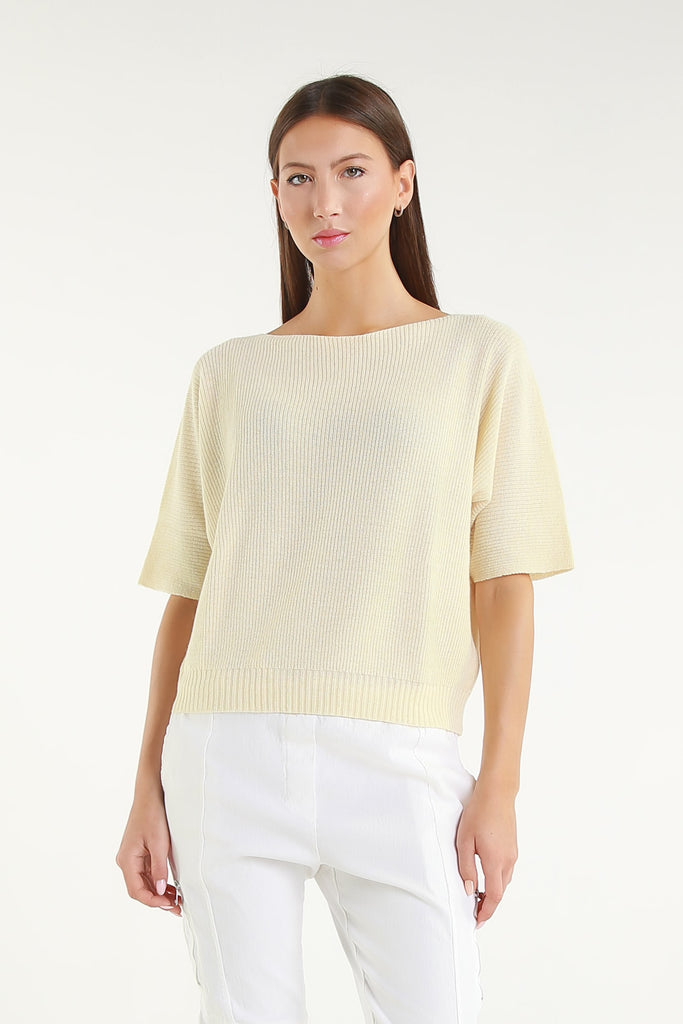 BSS303 101 Ivory Caterina SS Merino/Cotton/Cashmere Blend Ribbed Sweater 