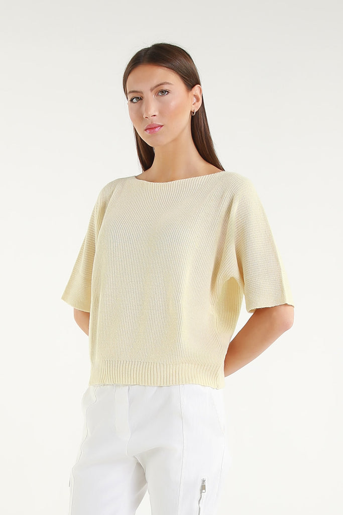 BSS303 101 Ivory Caterina SS Merino/Cotton/Cashmere Blend Ribbed Sweater 