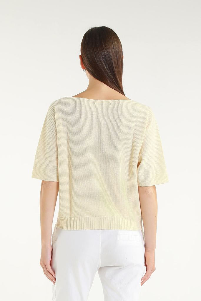 BSS303 101 Ivory Caterina SS Merino/Cotton/Cashmere Blend Ribbed Sweater 